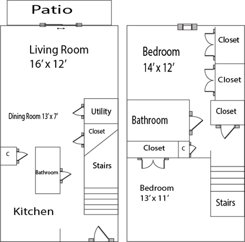 Floor plan for 2 beds, 1.5 baths, 989 sqft
